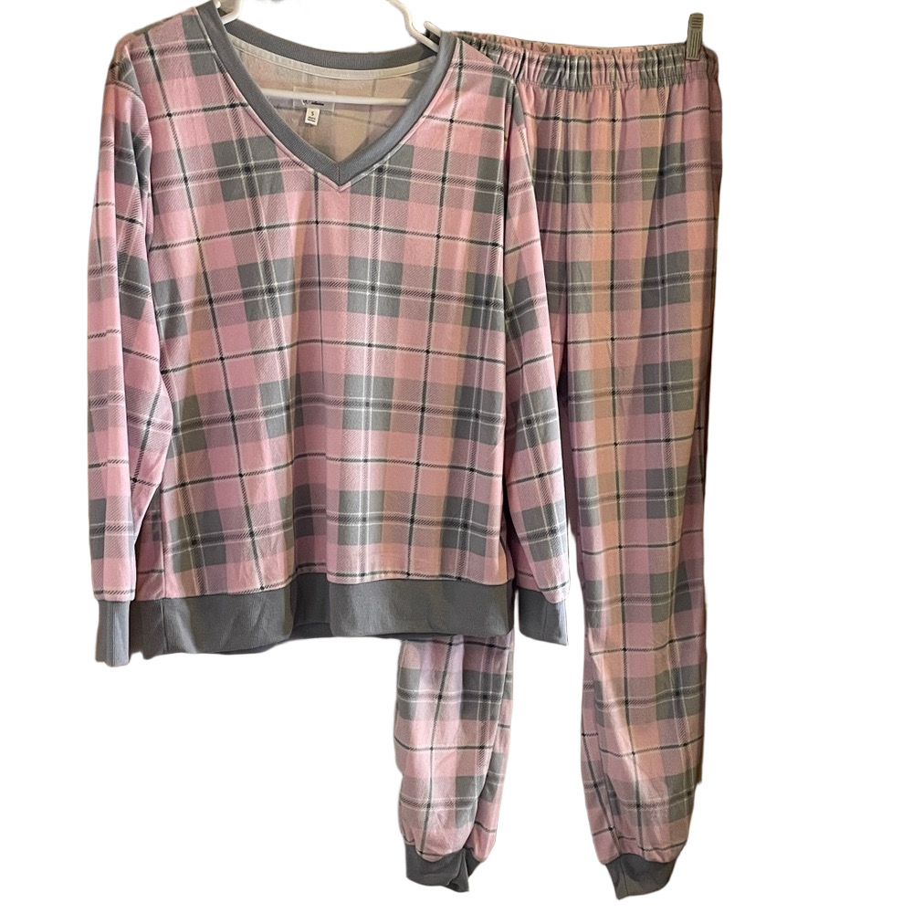 ARIA Collection Plaid V-Neck Pajama Set, Women’s S (4-6), Pink Gray